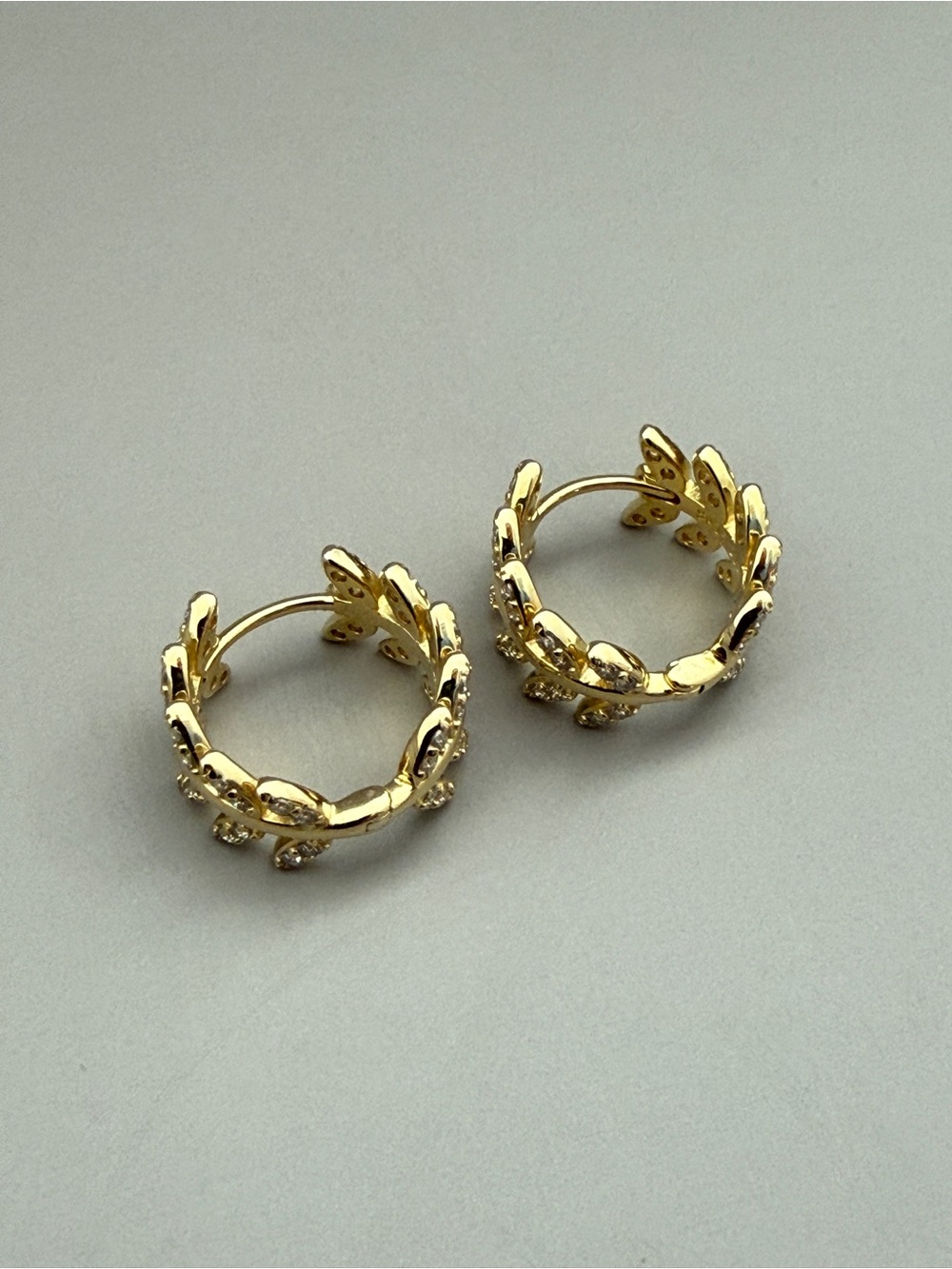Olive Branch Huggie Hoop Earrings with Moissanite Gemstones S925 14k Plated - Picture 3 of 7